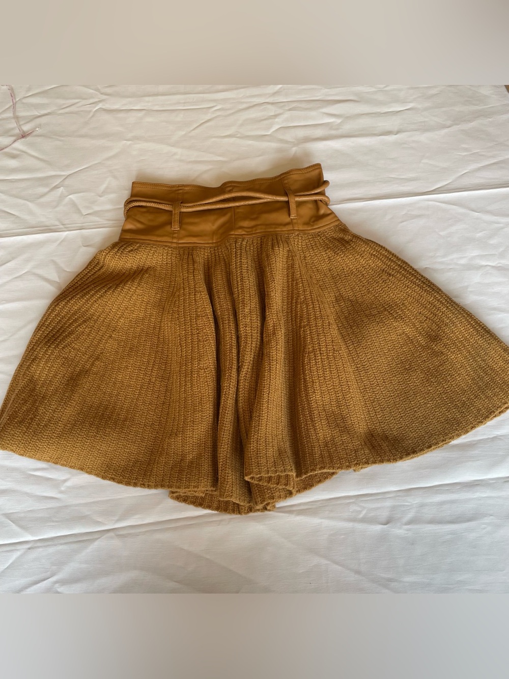 Vero Moda Camel Ribbed Knit Skirted Short with Faux Leather Waist